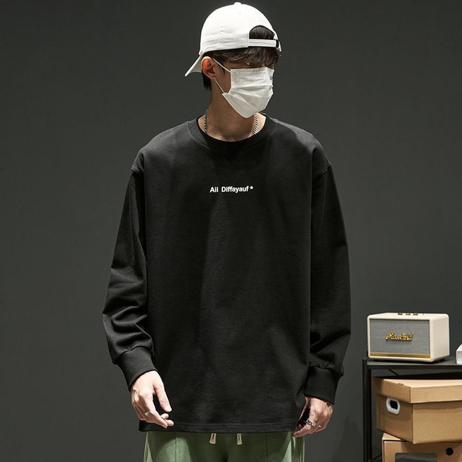 Makone 남성 라운드넥 레터링 심플 루즈핏 긴소매 티셔츠 베이직 데일리룩