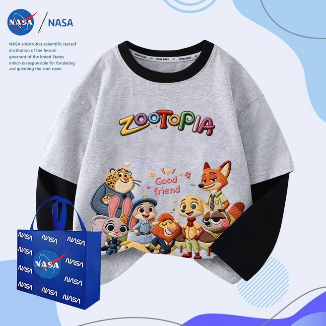 주토피아 캐릭터 맨투맨 티셔츠 자수 긴팔 남아 봄 초등학생 아동 순면 키즈 라운드, 1개, TTZ0846 그레이