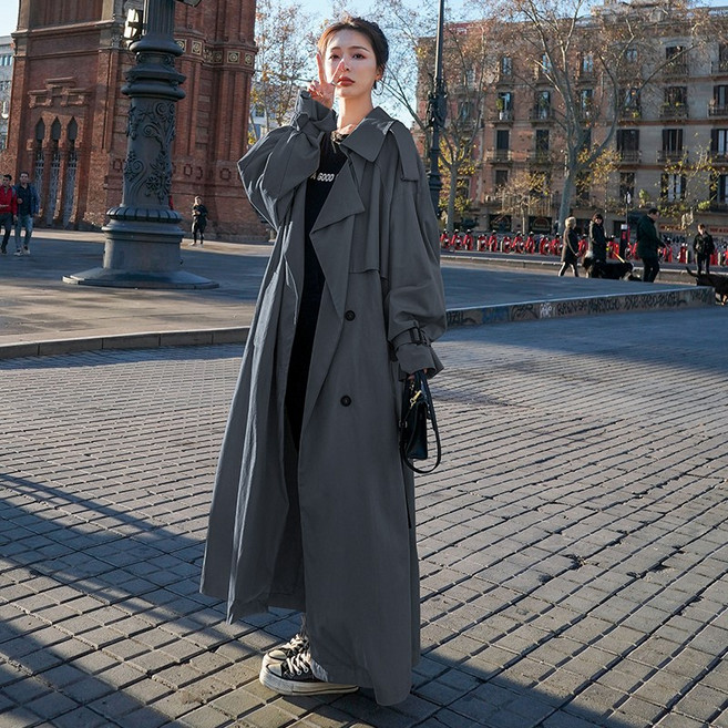 맥시 롱 코트 키가 큰 슈퍼 윈드 브레이커 여성용 발목 학생 봄과 가 허리와 얇은
