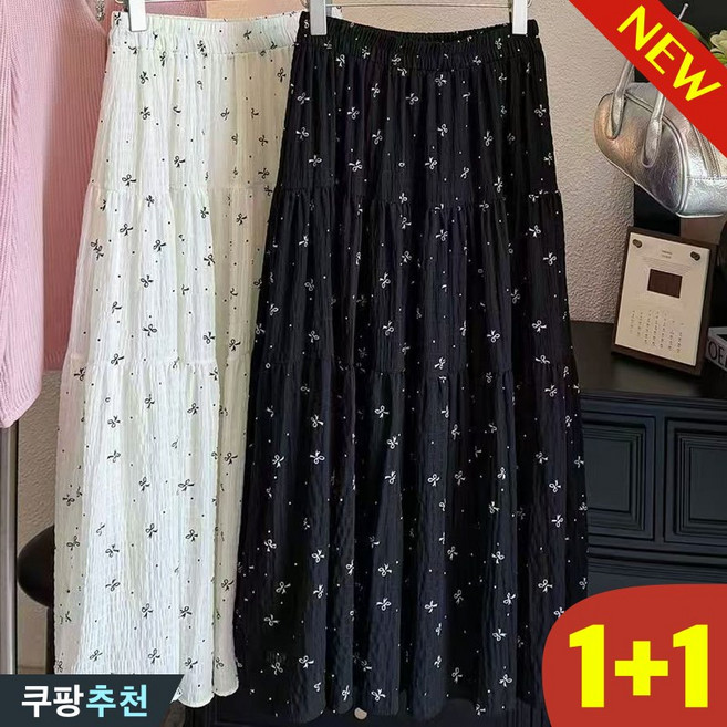 (세일 추천) 90kg까지 1+1 빅사이즈 여성 프렌치 리본 프린트 롱 스커트 여름 편한 여리여리 쉬폰 고무줄 하이웨이스트 플리츠 패치워크 오버핏 청순 꽃무늬 텍스처 a라인 스커트