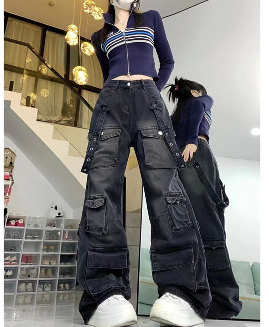 여성용 봄 가을 멀티 포켓 카고 청바지 하이웨스트 와이드 일자 팬츠 GUIE02J