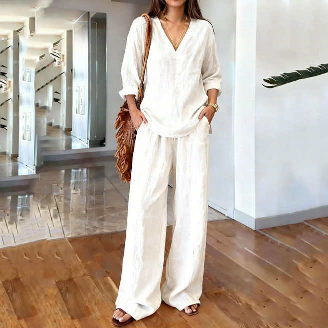 여성투피스 여성세트 여성티셔츠 + 여성바지 세트업 여성 브이넥 린넨 와이드팬츠 세트 캐주얼 데일리 루즈핏 시원한 미니멀 세트업 SBS26031841 54