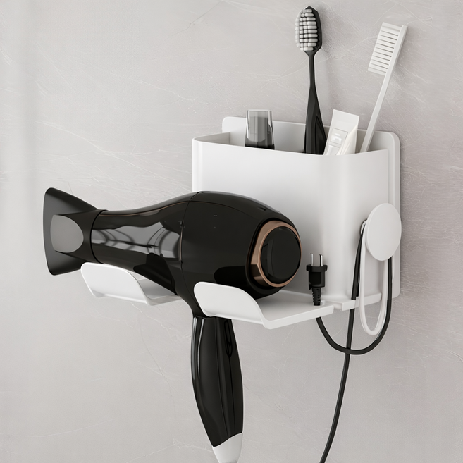 코지드 무타공 깊은 수납형 강력부착 헤어 드라이기 거치대, 1세트, 화이트