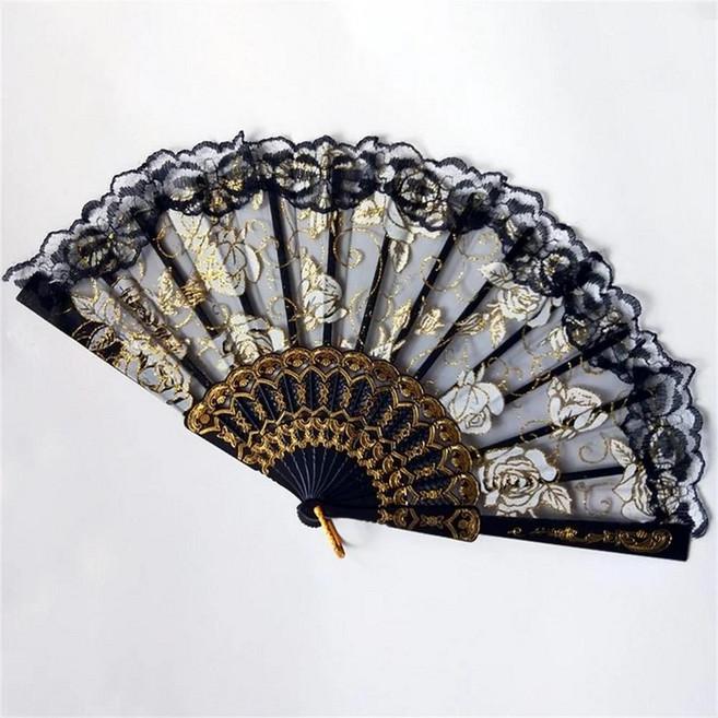 유행 파티 팬 접는 레이스 패브릭 웨딩 부채 춤, 17. black, 1개