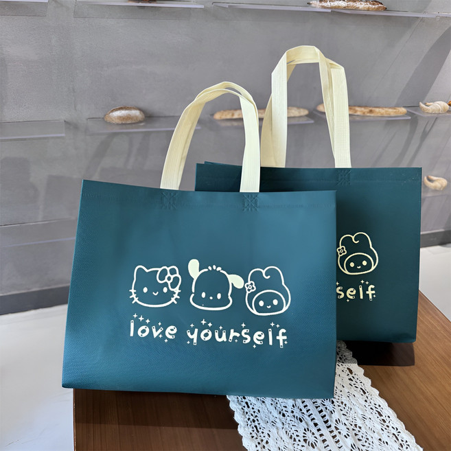 리유저블 방수 부직포 쇼핑백 큐티 KT 캣 부직포 쇼핑백, 녹색45*37*10CM, 10개