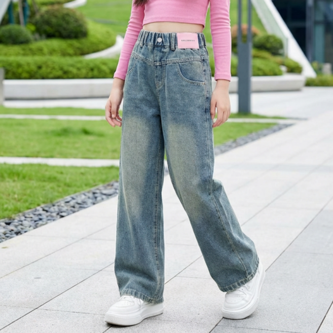 Tooliva 여아 청소년 청바지 와이드 데님팬츠 주니어 밴딩 통바지 워싱 스트레이트 봄가을용