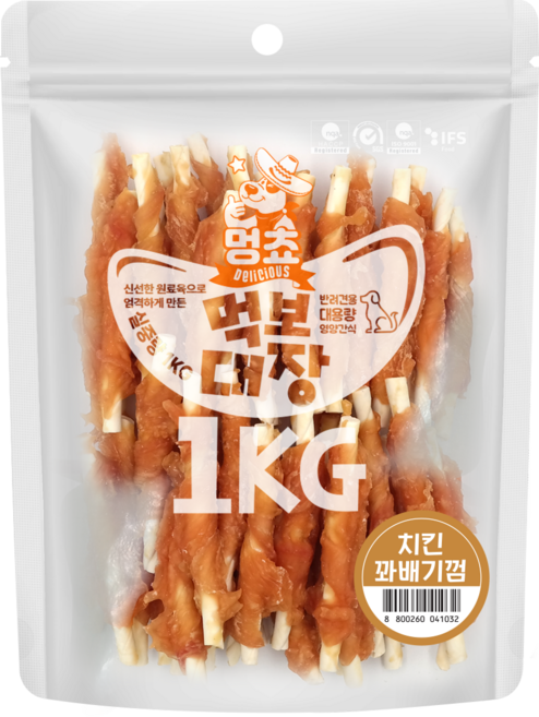 멍쵸 먹보대장 대용량 강아지간식, 1kg, 1개, 치킨꽈배기껌