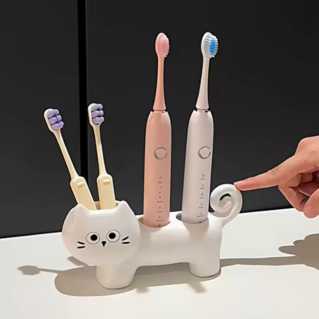 블라제스 고양이 세라믹 욕실 전동 칫솔 거치대 치약 꽂이, 1개, 화이트