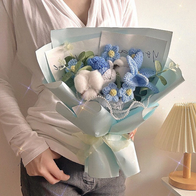 針織毛線花束成品手工玫瑰泡芙編織仿真永生花母親節生日禮物, 1藍鬱金香 1藍玫瑰毛線花束成品:裸花 無禮袋無賀卡