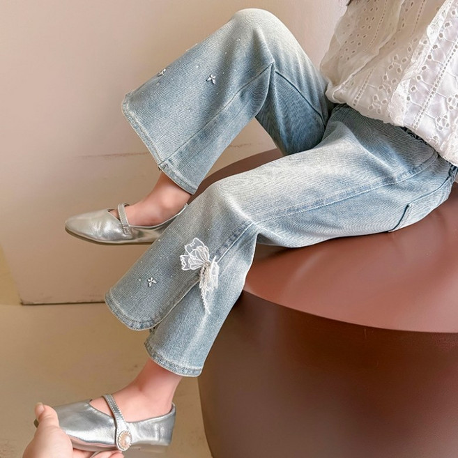 알리팡 여아 청바지 나팔바지 리본레이스 여성스러운 데님팬츠