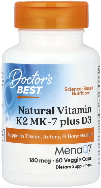 Doctor's Best 천연 비타민K2 MK-7 플러스 D3 180mcg 베지 캡슐 60정, DoctorsBest천연비타민K2MK7플러스D3180m, 1개 - 쿠팡