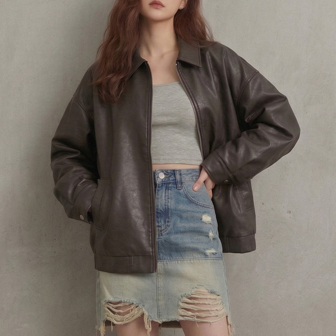 제이에프앤씨 Natural 레더 하프 크롭자켓 & 오버핏 롱 레더 자켓 가죽자켓 캐주얼자켓 봄자켓 크롭자켓 여자 여성 레더점퍼