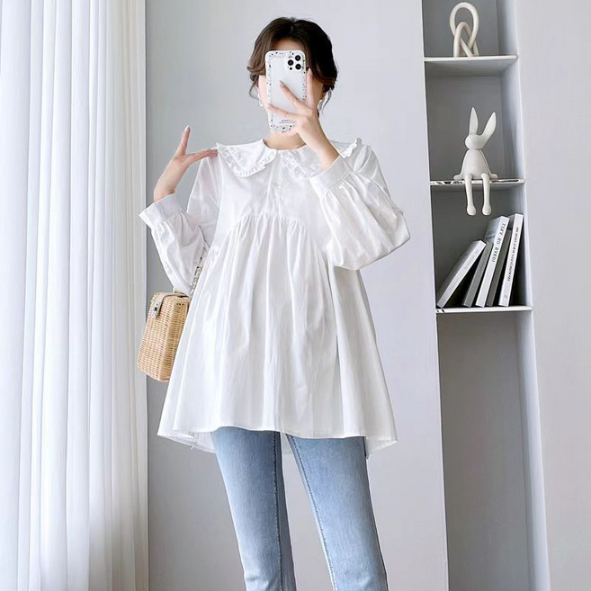 임산부 긴팔 남방 봄 가을 기본 면 소재 루즈핏 빅 카라 셔츠 레이스 칼라 긴팔 JS