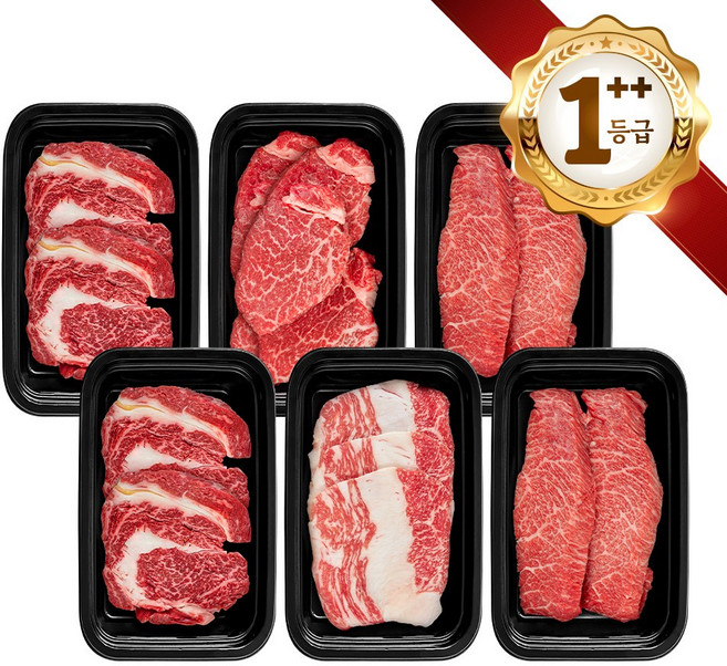 쿠가[냉장냉동] 횡성한우 어사품 1++등급 구이 6구 2호(총3kg)근내지방도7이상[구성 등심+등심+안심채끝(랜덤)+특수부위(랜덤)+특수부위(랜덤)+차돌박이], 단품