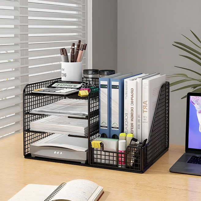 BLOWFISH FUGU 책상 수납정리함 책상책꽂이 탁상 수납함 탁상용수납 대용량 분류대 서류 수납 선반, 블랙