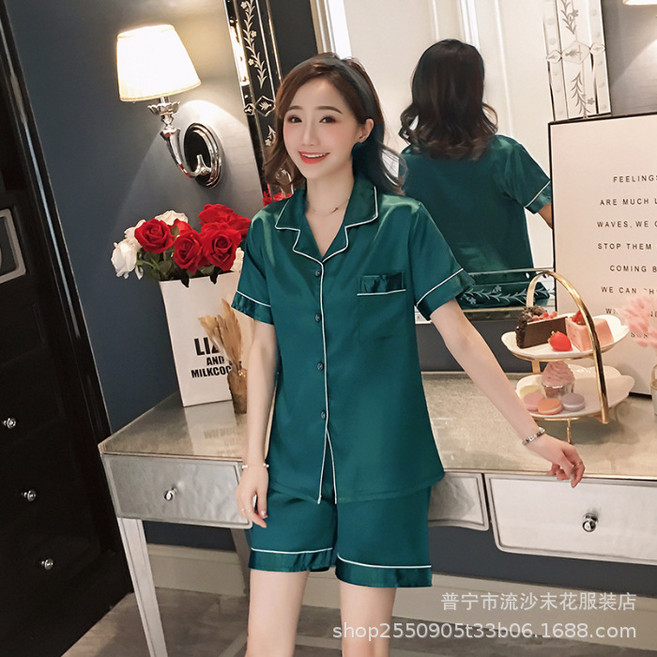女睡衣 夏季短袖仿真絲薄款冰絲套裝家居服