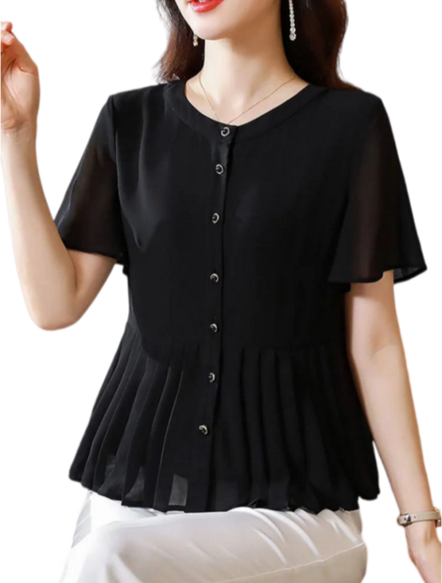 Makone 여성 라운드넥 솔리드 패치워크 플리츠 오피스 반팔 블라우스 스타일리쉬 데일리룩