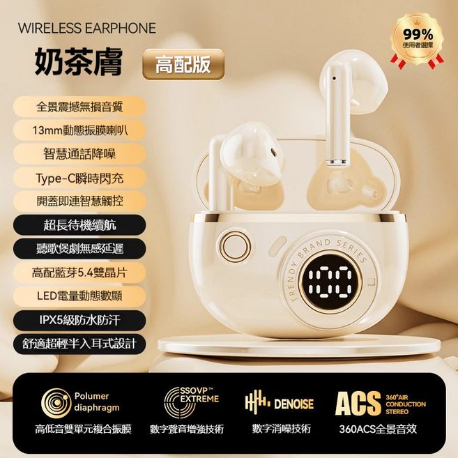 藍牙5.4無線藍牙耳機 hifi高音質 半入耳式耳機 降噪耳機 藍牙耳機 長效續航, 膚色, 全景音質+藍牙5.4+Type-C