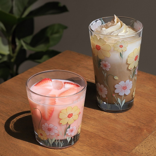 꽃무늬프린팅 레트로감성 투명유리컵 300ml 400ml 음료잔 홈카페 칵테일용, 1개, 9000-9 빈티지 일자컵(소) 옐로우