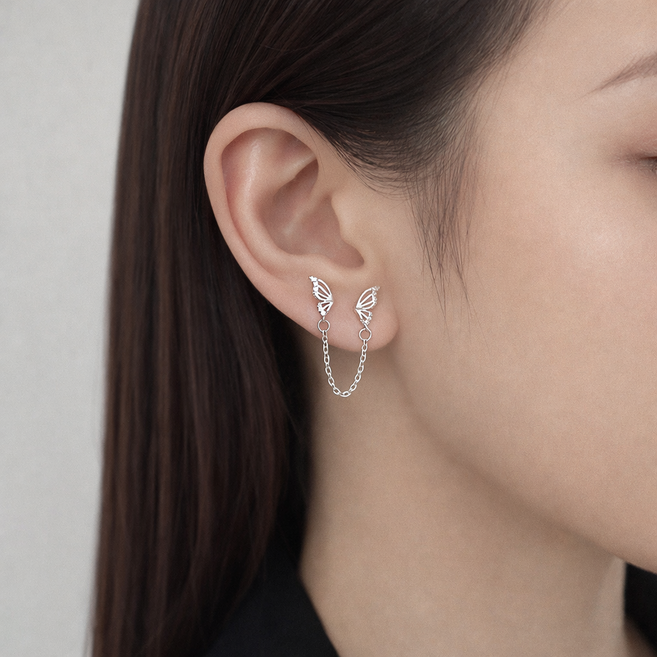 백송 투데이 포인트 날개 드롭 이어링 은침 낱개 여리핏 체인 데일리 미니멀 패션 귀걸이