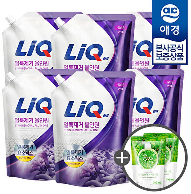 애경 S 리큐 얼룩제거 올인원 액체세제 리필 2.1L x6개 +주방세제200ml 2개증정, 6개