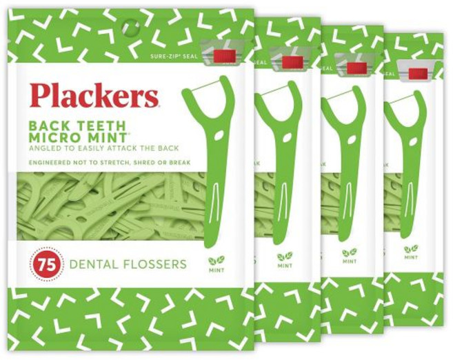 Plackers 치실 플라커스 백 티스 마이크로 민트 맛있는 맛 등 치아에 쉽게 접근할 수 있는 내장 보호 픽 간편한 보관 75개 4팩 제공, 75
