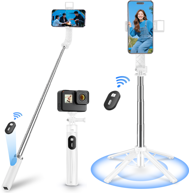 NICESUN 블루투스 휴대폰 삼각대 스마트폰/카메라/고프로 삼각대 셀카봉 103cm P07, 화이트+LED*1