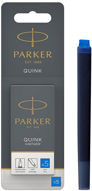 PARKER QUINK 롱 만년필 잉크 리필 카트리지 블랙 5개입, 1 Count (Pack of 5), 세탁 가능한 블루