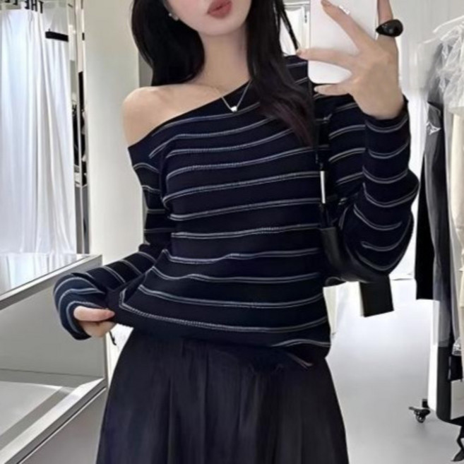 야오야오 스트라이프 원숄더 슬림핏 골지 니트