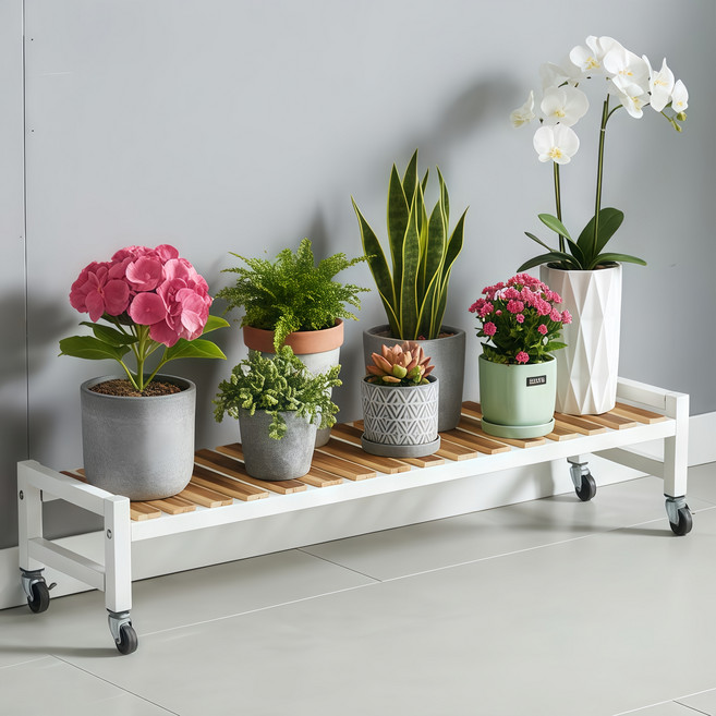 디원리빙 이동식 프리미엄 철제프레임 계단식 화분 정리 선반대, 화이트 100cm, 1단