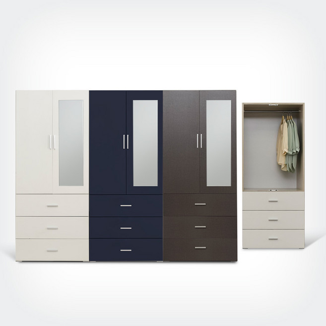 장인가구 비트 거울도어 800 3단서랍 옷장 행거형, 네이비