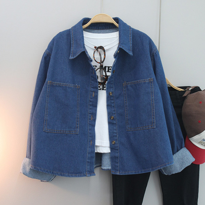 달콩 여성 빅사이즈 봄신상 청남방 마크오버핏크롭데님셔츠