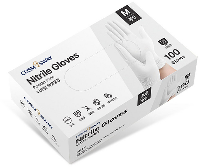 코스모스웨이 튼튼한 니트릴 장갑 100매입, 화이트, M, 1개
