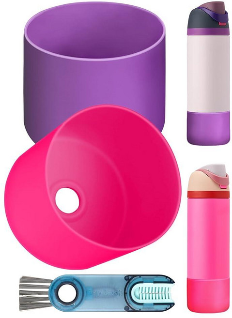 Toykee Owala Freesip 680.4g24온스용 실리콘 물병 부츠 2개 - 미끄럼 방지 보호 바닥 커버 범퍼 프로텍터 슬리브 액세서리 뚜껑 클리닝 브러시 포함 화이트, 로즈 레드+퍼플, 1개