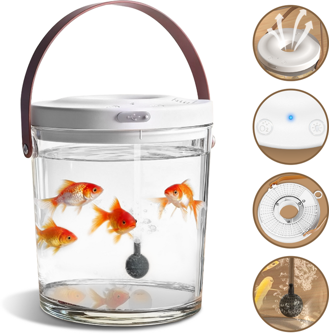 nimin 휴대용 미니 어항 관상어 구피 물고기어항 무소음 자동순환 산소공급 7색 LED 조명 손잡이형 관상용 투명 수조 직장인 책상 인테리어 소품, 1개, 화이트