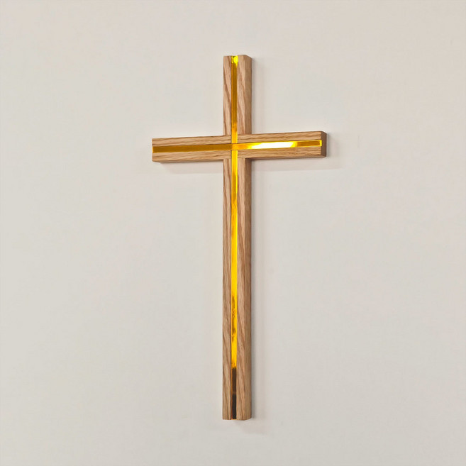 오크 원목 미러 인레이 벽걸이 십자가 장식 인테리어 소품, 골드색[33*16.5cm]