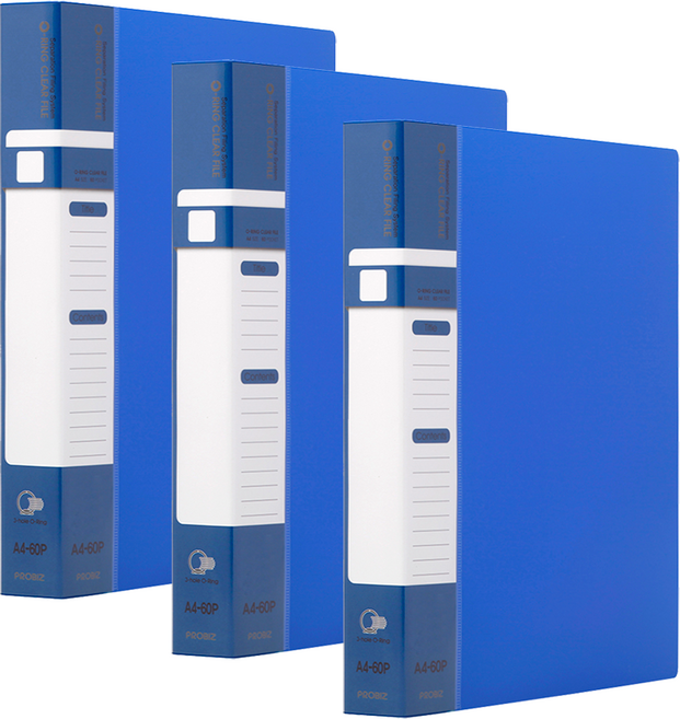 프로비즈 3공 O링 클리어파일 바인더화일 60매, 3개, 블루