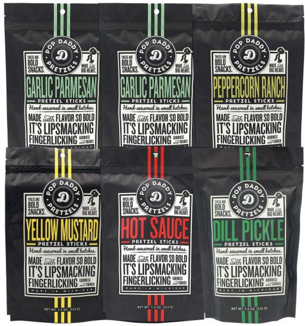 POP DADDY ·POPCORN· 디핑 소스 팝 대디 맛 프레첼 스틱 건강한 고메 7.5온스 다양팩 6개입 마늘 파마산 시나몬 슈가 페퍼콘 랜치 훈제 구다 딜 피클 노란, 마늘 파르메산 (2) / 랜치 / 핫 / 머스타드 /, 7.5 온스 (6개 묶음)