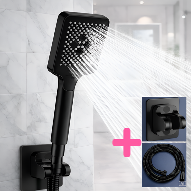 수엘리 폭풍 수압상승 샤워기헤드 호수 거치대 세트, 매트블랙, 1개