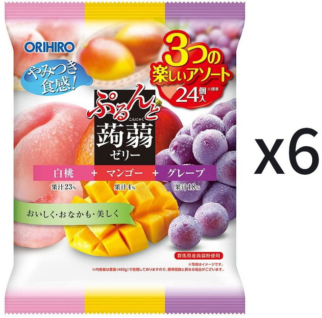 오리히로 곤약젤리 대용량 세가지맛(백도+망고+포도), 6개, 480g