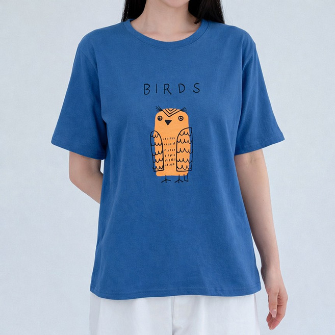 스케치 버드 프린팅 루즈핏 국산 면 반팔 티셔츠