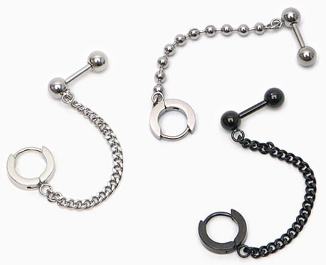 투핀피어싱 멀티 써지컬 바벨 링체인 귓바퀴 레이어드 P0841