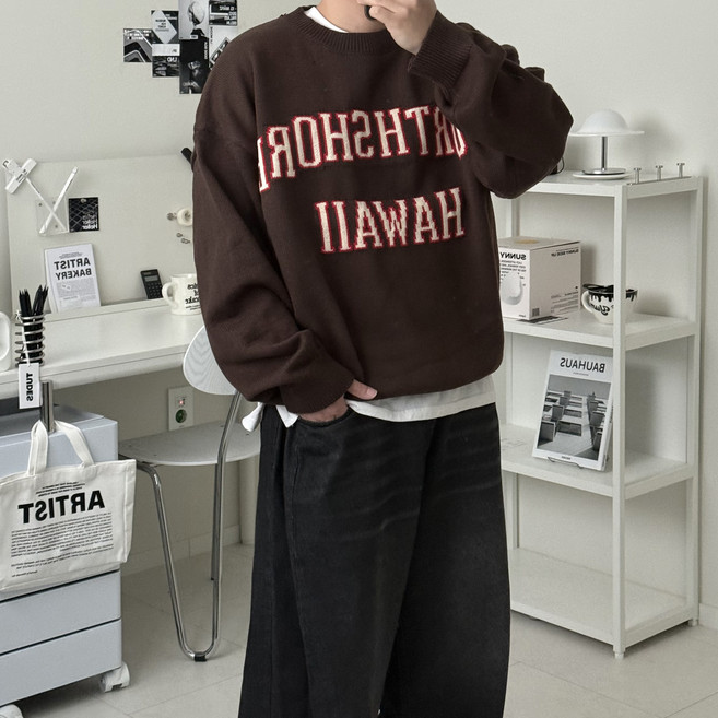 르위 남성용 라운드니트 긴팔 레터링 레이어드 빅사이즈