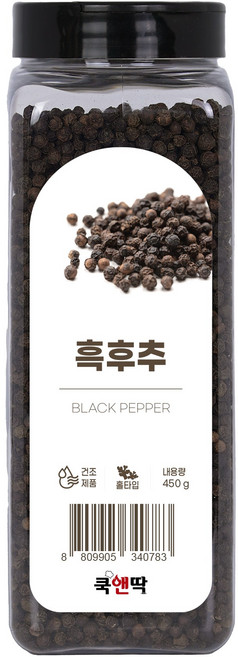 쿡앤딱 흑후추홀 450g 통후추 후추 향신료 그라인더 스테이크 샐러드 볶음밥 파스타 피자, 1개