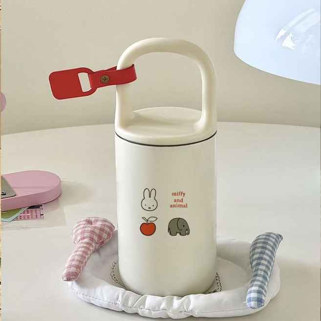 KamBoo 미피 콜라보 보냉 보온 텀블러 316 레드&화이트 버클 일러스트 핸들 컵, 1개, 400ml, 크림화이트 보온병