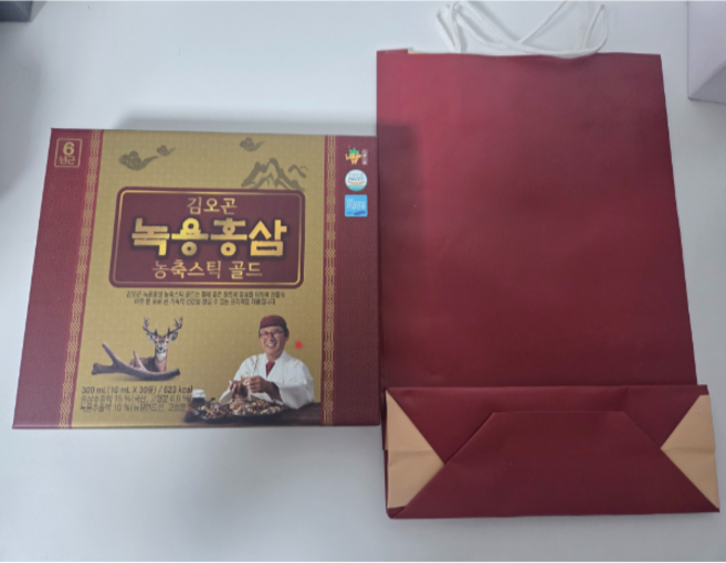 김오곤 녹용홍삼 스틱 30포 +고급 쇼핑백 농축스틱 30포 수험생 노부모 설날 선물 세트, 300ml, 1세트