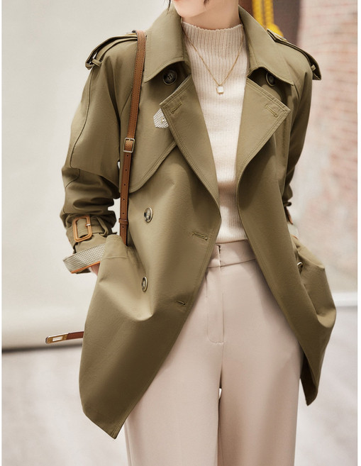【挺闊有型】風衣外套 女款風衣 中長款風衣 春秋外套 女士大衣 氣質通勤 雙排扣 卡其色 春秋季百搭 職場日常穿搭