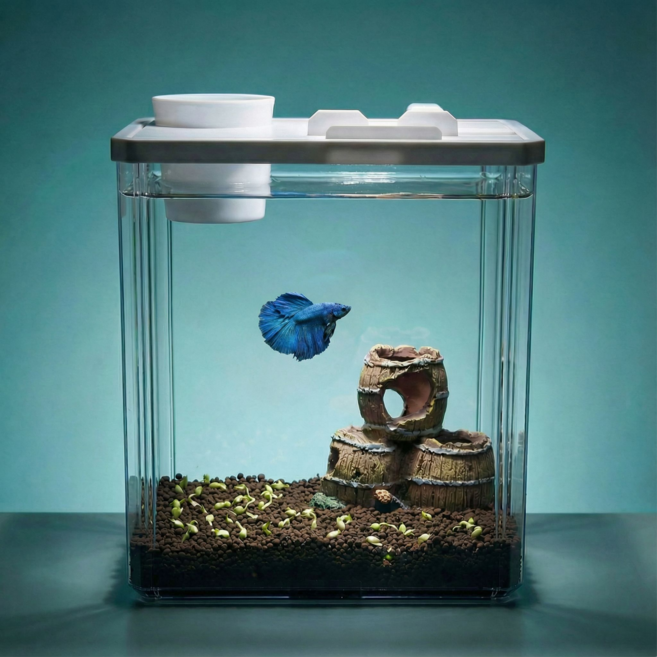 수경재배 화분 일체형 미니 어항 베타 구피 플라스틱 탁상용 수조, 1개, 화이트