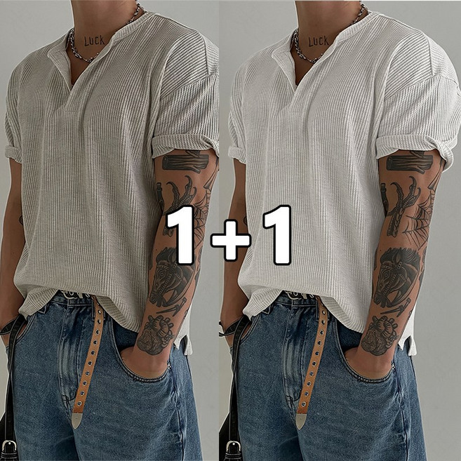 꽃소담 1+1 남자 오픈 카라 얇은 반팔 니트 티셔츠 HZHF2541