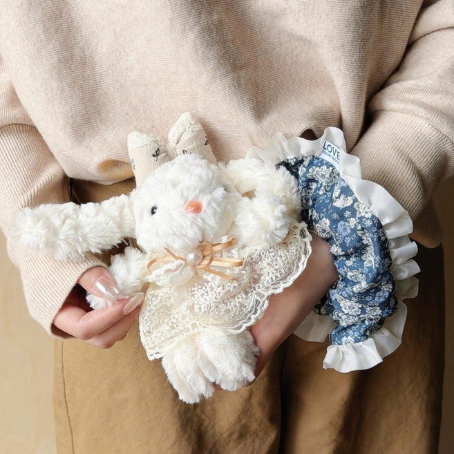 레이스 토끼 인형 목걸이 + 머리끈 2in1, 1개, 검정색 스몰 플라워, 23cm